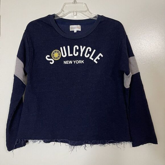 SOULCYCLE x SUNDRY blue crew neck pullover sweatshirt raw hem size medium - Picture 1 of 5